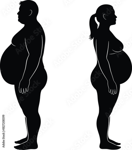 Overweight Man and Woman Profile Silhouettes Vector Illustration, Obesity, High Body Mass Index, Weight Problem, Health Issue, Side View Graphic Design, Medical Concept.