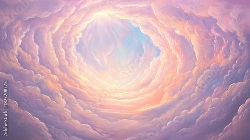 A round frame arch gracefully set among soft pink clouds.