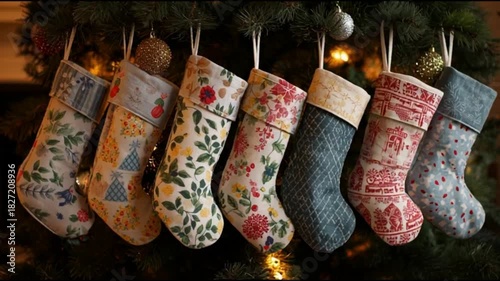 Christmas stocking hanging on a Christmas tree
