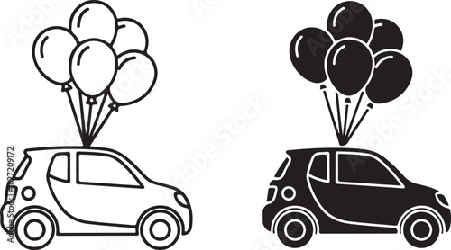 Stylized outline and solid black silhouette icon of a small compact city car carrying a bunch of festive balloons, isolated on white. isolated on white background, Vector