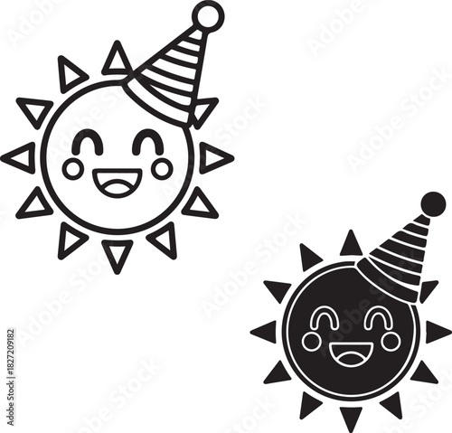 Cheerful sun icon characters with party hats, outline and solid silhouette, representing celebration, joy, and sunny happiness day isolated on white background, Vector