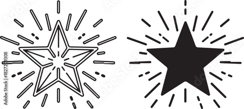 Sparkling star outline and solid black star icon set with radiant lines, vector illustration on white background representing success, excellence, and achievement isolated on white background, Vector