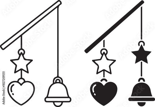 Baby mobile icon set displaying star, heart, and bell symbols in both delicate outline and bold solid fill styles, ideal for children's designs. isolated on white background, Vector