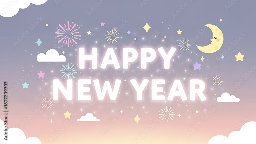 Naklejka premium Festive Happy New Year illustration with cartoon moon and stars