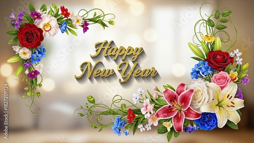 Festive Happy New Year Greeting with Flowers and Golden Lettering