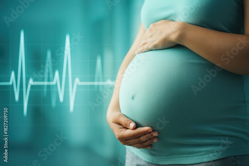A pregnant woman holding her belly displays a glowing, steady heartbeat, symbolizing the good health of both mother and child.