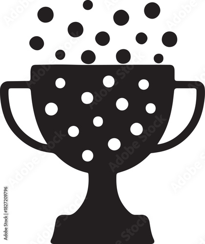 A classic black trophy cup icon, featuring decorative white dots within and floating black dots above, symbolizing success, achievement, and celebration. isolated on white background, Vector