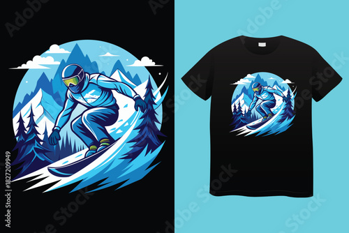 Dynamic black and white t shirt design featuring a snowboarder mid air against a mountain and forest landscape