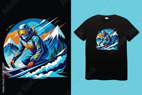 Dynamic black and white t shirt design featuring a snowboarder mid air against a mountain and forest landscape
