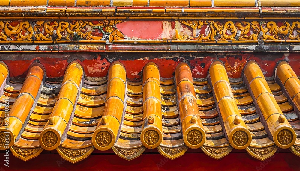 Fototapeta premium Close-up of a vibrant yellow tiled roof's edge, showcasing ornate details, with red trim and decorative molding. The sun casts a warm light