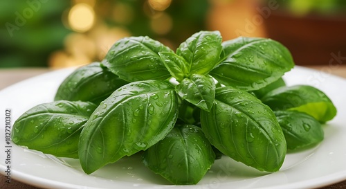 Fresh green basil leaves with water droplets on white plate herb