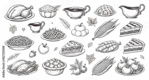 Vintage Hand-Drawn Thanksgiving Food Doodle Set