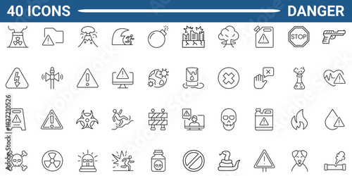 Danger line icon set. Includes Warning Sign, Danger, Alert, Accident, Risk, toxic, explosive, and flammable. Editable stroke. Vector illustration