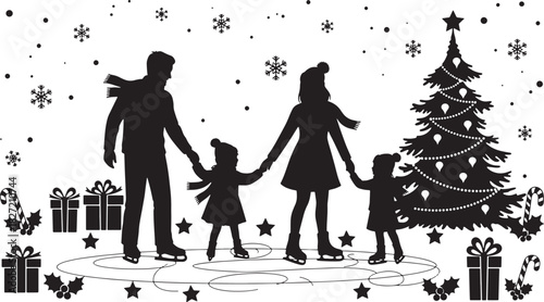 Family ice skating together during winter holiday in Christmas season