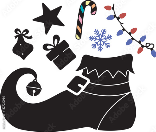 Festive Christmas Symbols Filling an Elf Boot Silhouette Holiday Season
