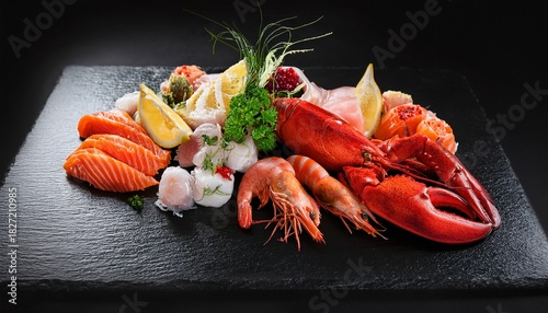 a beautifully arranged seafood platter featuring shrimp lobster and sashimi on a black slate background