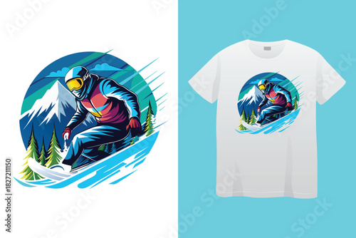 Dynamic black and white t shirt design featuring a snowboarder mid air against a mountain and forest landscape