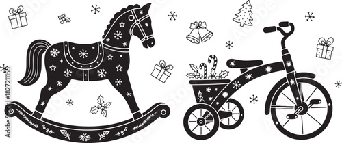 Festive Winter Holiday Toys and Decorative Elements in Black and White