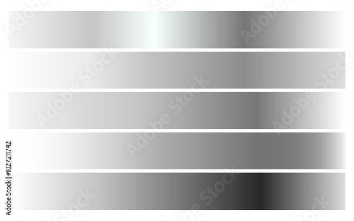 A set of five horizontal color bars displaying a full range of silver, grey, and chrome gradients for modern graphic design, tech backgrounds, luxury product branding, website banners, and digital art
