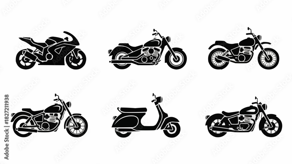 Naklejka premium Black vector set of motorcycle, chopper, and sport bikes silhouette on road wheels