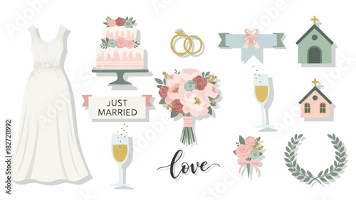 Vintage seamless vector set of wedding accessories, love hearts, and flower cake illustration design pattern