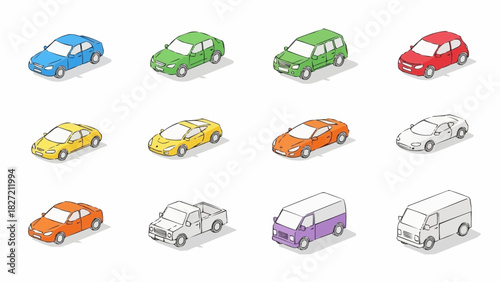 A collection of colorful vector transportation icons, including a car, truck, bus, taxi, and van, for web design