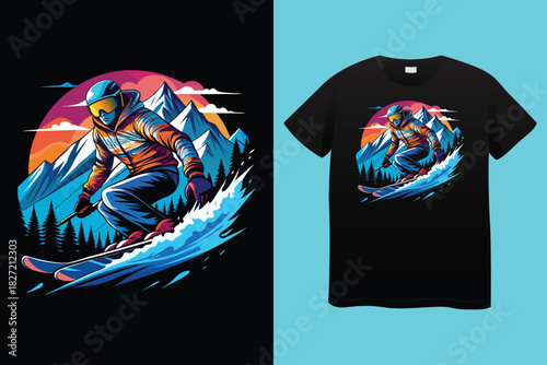 Snowboarder in Action T Shirt Design with Frosted Horizons and Mountain Landscape Vector Illustration Isolated on White Background Adventure and Conquer the Peaks 