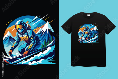 Snowboarder in Action T Shirt Design with Frosted Horizons and Mountain Landscape Vector Illustration Isolated on White Background Adventure and Conquer the Peaks 