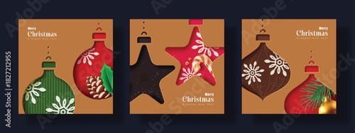 Stylish Christmas ornament cutout card collection with red, green, and brown festive shapes, pinecones, candy canes, and holly leaves. Perfect for modern holiday greetings, and backgrounds.