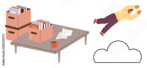 Office desk with boxes, books, papers, and coffee mug as a man jumps toward a cloud. Ideal for creativity, innovation, digital transformation, cloud computing, escaping routine futuristic vision