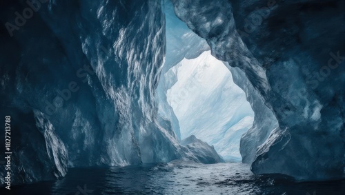 A cavern of translucent blue ice, revealing a glimpse of the outer world