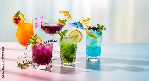 Vibrant array of colorful cocktails with fruit garnishes and playful umbrellas