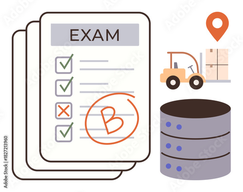 Exam checklist marked with grade B, database server, forklift lifting a package, and location marker. Ideal for education, logistics, database management, performance analysis, evaluation supply