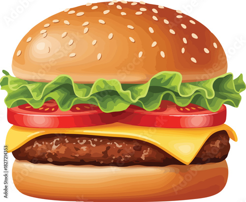 Illustration of a classic cheeseburger with lettuce, tomato, and cheese on a sesame seed bun against a clean white background.