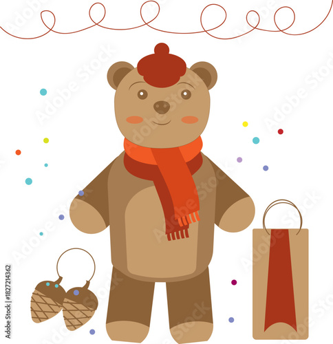 Cute Teddy Bear Toy with gift bag and scarf vector illustration