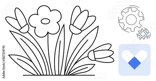 Flowers in bloom beside spinning gears and a heart icon symbolize nature, innovation, health, and progress. Ideal for environmental care, health innovation, wellness, creativity, technology harmony