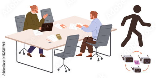 Two individuals seated at a desk conversing with papers and tech devices, accompanied by a walking figure and electronic communications concept. Ideal for teamwork, discussion, communication