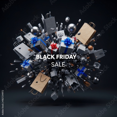 Dynamic explosion of Black Friday sale items and gifts on a dark background showcasing festive