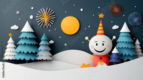 Whimsical Paper Art Landscape with Cheerful Character and Trees
