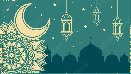 Illustration of crescent moon and mosque silhouette