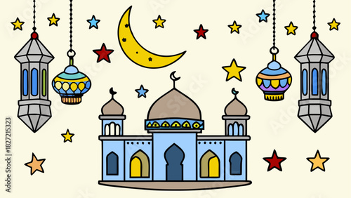 Illustration of a mosque with moon and lanterns