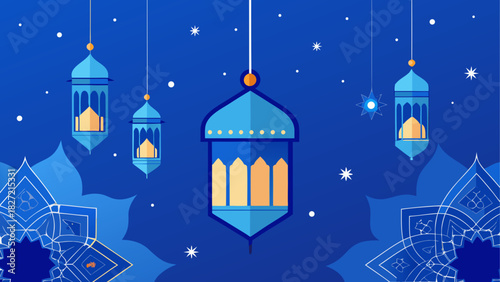 Blue lanterns and floral patterns illustration