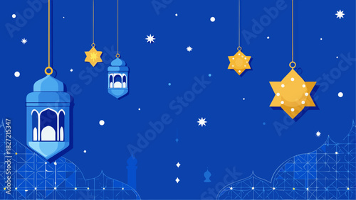 Hanging lanterns and stars on a blue background