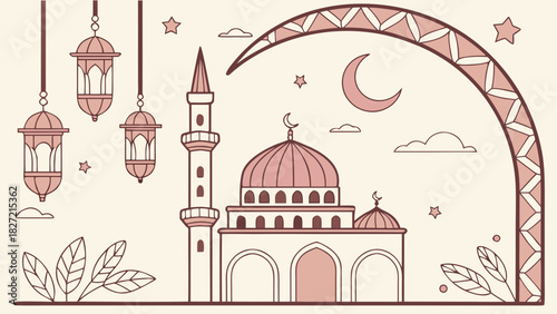 Illustration of a mosque with lanterns and moon