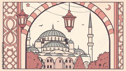 Illustration of a mosque with lanterns and arch