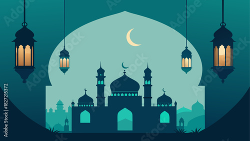 Silhouette of a mosque with hanging lanterns view