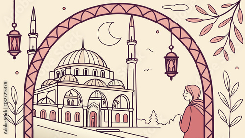 Illustration of a mosque with a woman in hijab