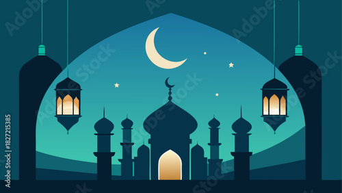 Silhouette of a mosque with moon and lanterns night
