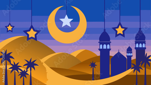 Illustration of desert landscape with mosque and moon