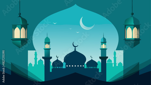 Mosque silhouette with lanterns and crescent moon